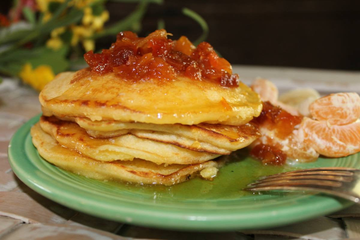 Cornmeal Cream Cheese Pancakes with Apricots