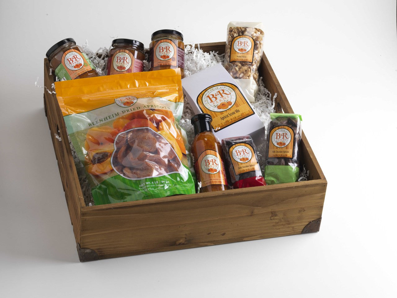A Taste of Everything Basket- Dried Blenheim Apricots, Milk and Dark Chocolate Covered Apricot Nibbles, Dried Apricot Red Pepper Topping, Apricot Chutney, Preserves, Cinnamon Spread AND Chili Preserves and Dried Apricot Topping